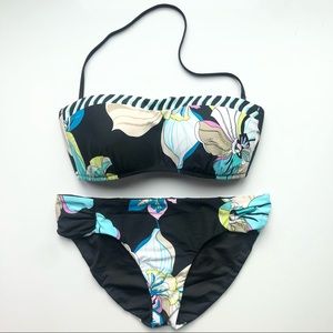 Trina Turk Black Floral Bandeau Bikini Set- Womens 6